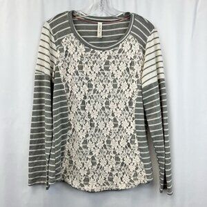 Cubism Womens Casual Top Gray White Stripe Long Sleeve Scoop Neck Lace Large